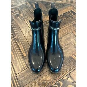 Nautica Ankle Rain Boots Women 7 Black Neutral Preppy Shiny Outdoor Chore Barn